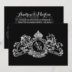 Black White Lejon Unicorn Regal Emblem Bröllop Inbjudningar