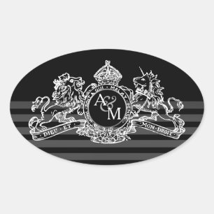 Black White Lejon Unicorn Regal Emblem Monogram Ovalt Klistermärke