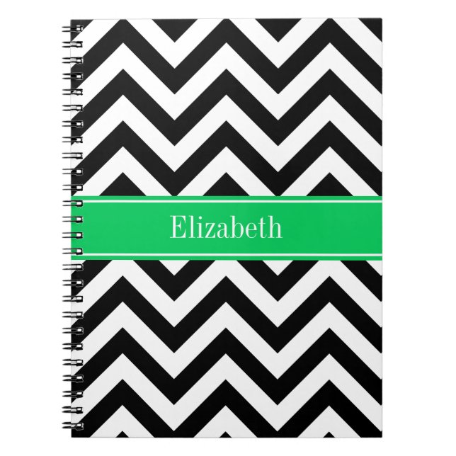 Black White LG Chevron Emerald Namn Monogram Anteckningsbok Med Spiral (Framsidan)