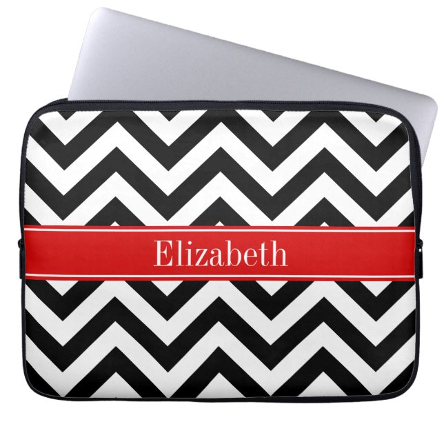 Black White LG Chevron Red Namn Monogram Laptop Fodral (Framsidan)