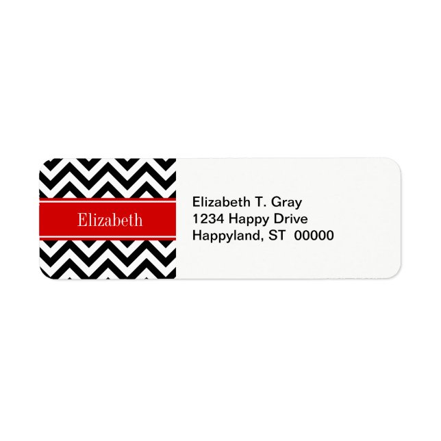 Black White LG Chevron Red Namn Monogram Returadress Etikett (Framsidan)