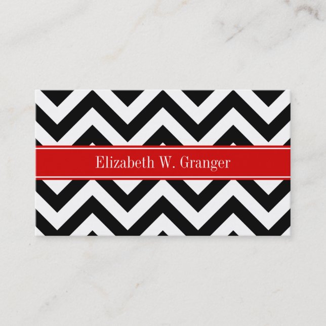 Black White LG Chevron Red Namn Monogram Visitkort (Framsida)