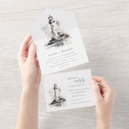 Black & White Lighthouse Nautical Sketch Bröllop