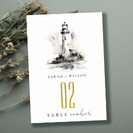 Black & White Lighthouse Nautical Sketch Bröllop Bordsnummer