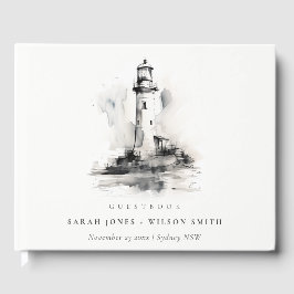 Black & White Lighthouse Nautical Sketch Bröllop Gästböcker