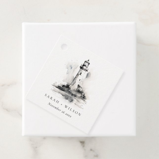 Black & White Lighthouse Nautical Sketch Bröllop Gåvor Etiketter (På plats)