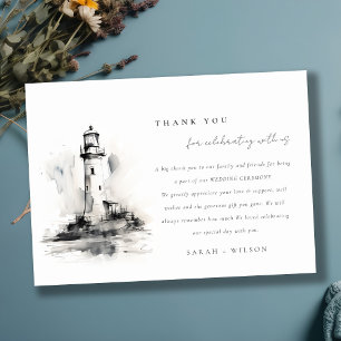 Black & White Lighthouse Nautical Sketch Bröllop Tack Kort