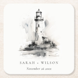 Black & White Lighthouse Nautical Sketch Bröllop Underlägg Papper Kvadrat