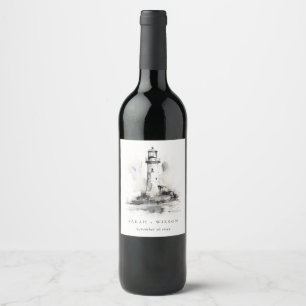 Black & White Lighthouse Nautical Sketch Bröllop Vinflaska Etikett