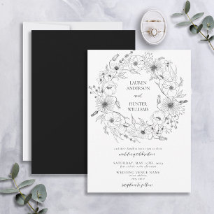 Black White Line Art Blommigt Wand Bröllop Inbjudningar