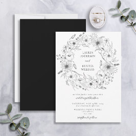 Black White Line Art Blommigt Wand Bröllop Inbjudningar