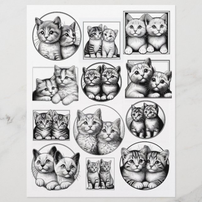 Black & White Line Art Teckning av Kitten Pairs (Framsida)