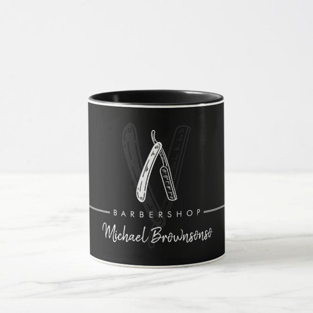 Black White Lineart Elegant Logo Razor Gift Barber Mugg (Center)
