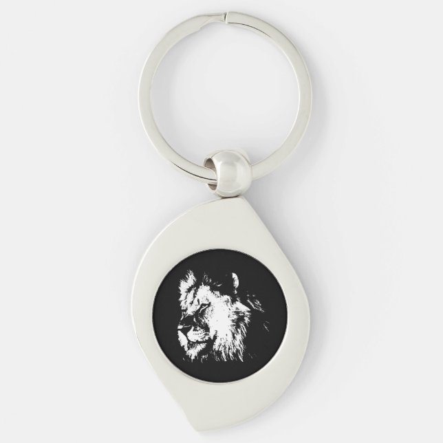 Black White Lion - Animal Pop Art Swirl Silverfärgad Nyckelring (Framsidan)