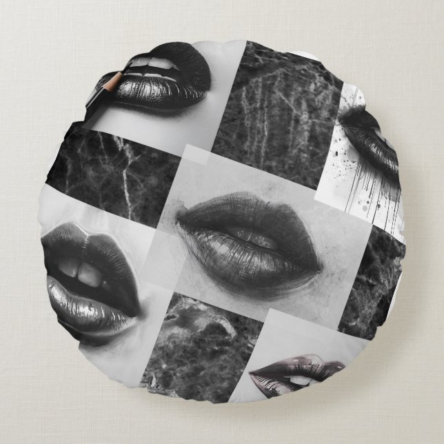 Black & White Lips Collage Round Throw Pillow Rund Kudde (Framsidan)