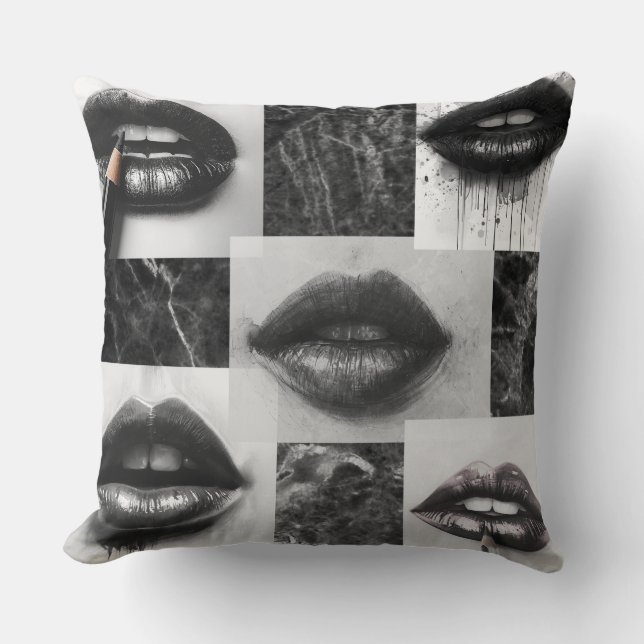Black & White Lips Collage Throw Pillow Kudde (Framsida)