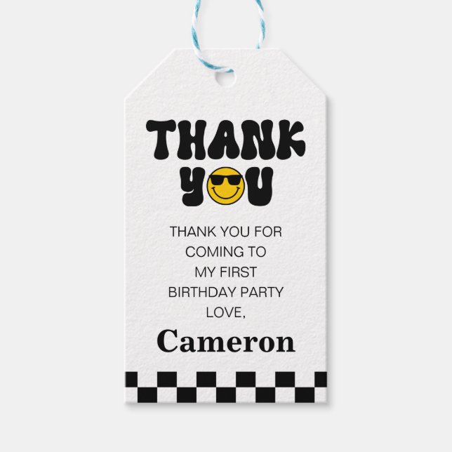 Black White Lycklig, 1:a födelsedag Tack Presentetikett (Framsidan)