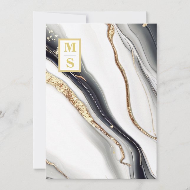 *~ BLACK WHITE Marble Agate AR66 OSA QR Bröllop Inbjudningar (Framsida)