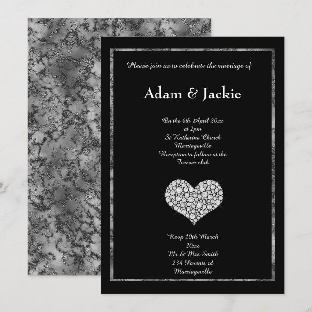BLACK WHITE MARBLE DIAMOND HEART BRÖLLOP INBJUDNINGAR (Fram/baksida)