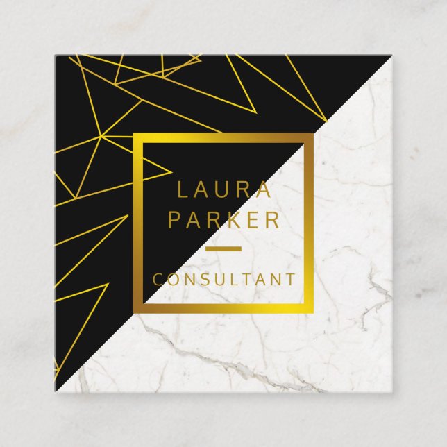 Black White Marble Guld Faux Construction Fyrkantigt Visitkort (Framsida)