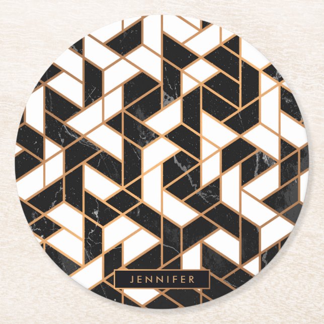 Black & White Marble Mosaic Underlägg Papper Rund (Framsidan)