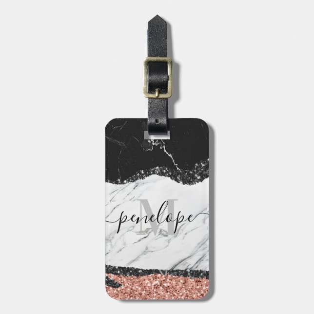 Black White Marble och Glitter Bagagebricka (Vertikal Framsida)