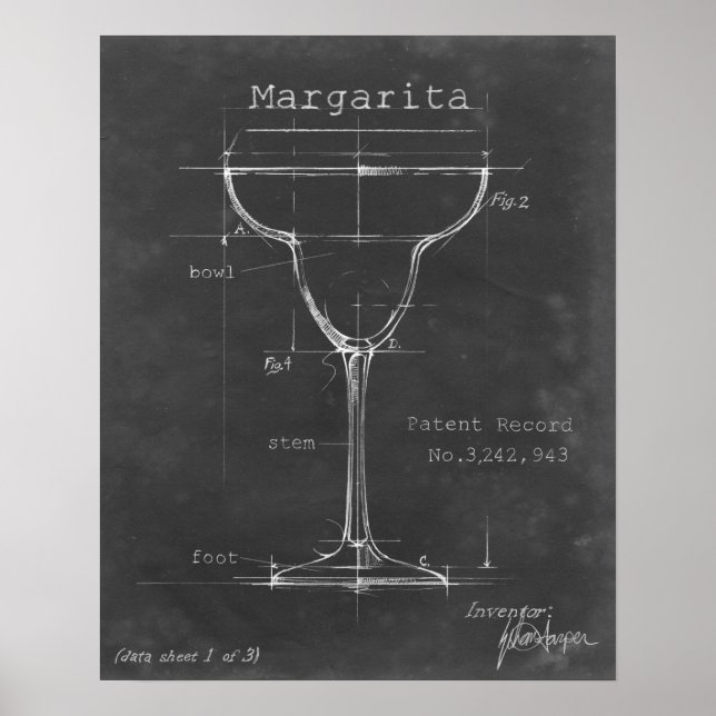 Black & White Margarita Glass Blueprint Poster (Framsidan)