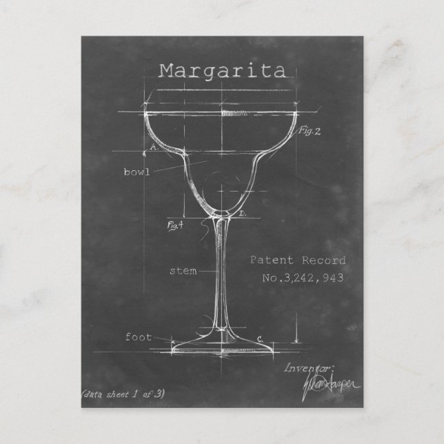 Black & White Margarita Glass Blueprint Vykort (Framsida)