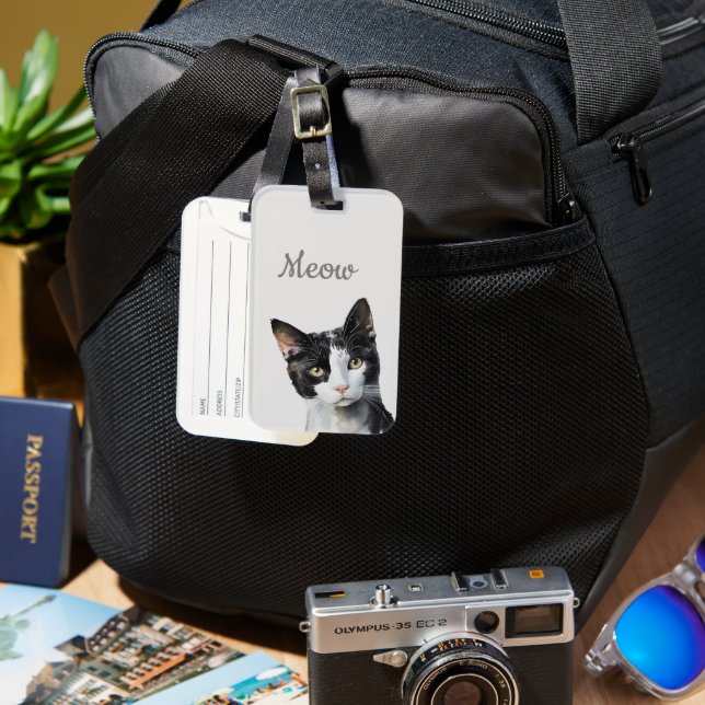 Black White Meow Cat Bagagebricka (Framsida & Baksida)