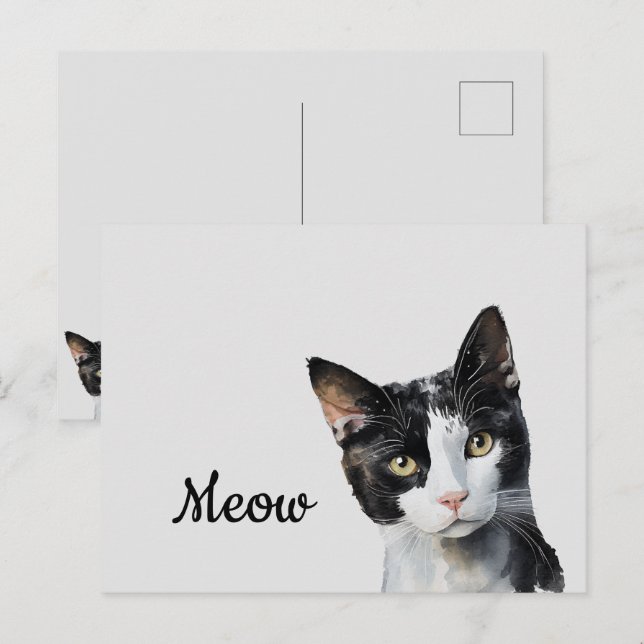 Black White Meow Cat Vykort (Fram/baksida)