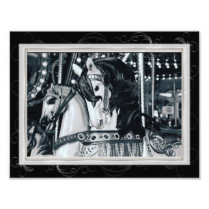 Black White Merry Go Round Carousel Horses Photo Fototryck