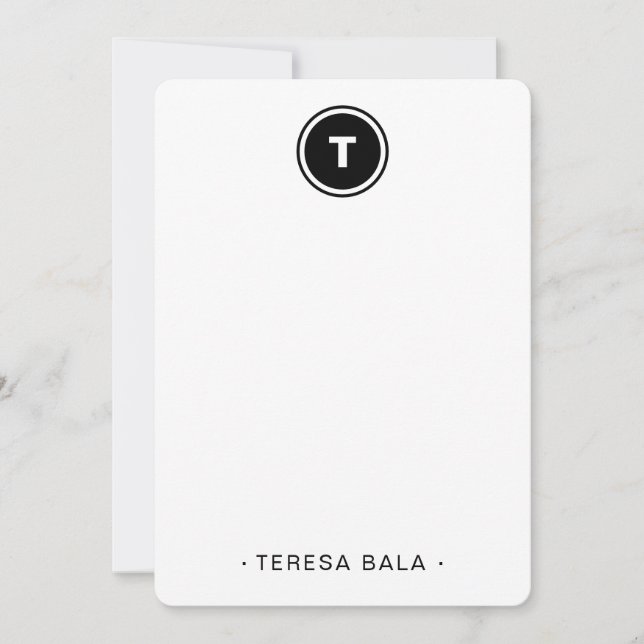 Black White | Minimal Modern Round Monogram Anteckningskort (Framsida)