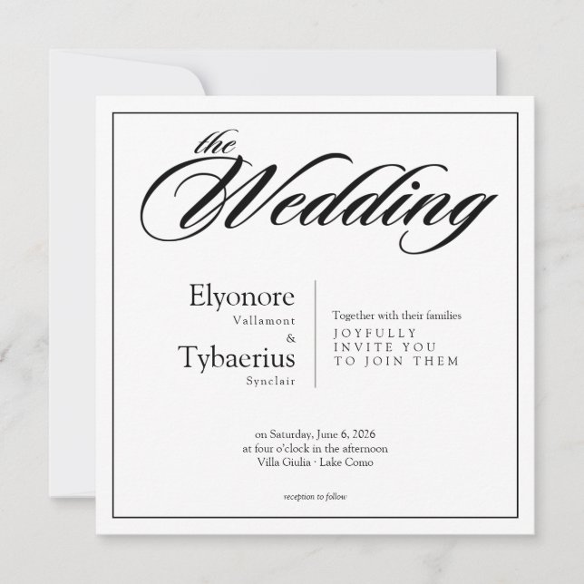 Black & White Minimal Square Wedding Invitation Kort (Framsida)