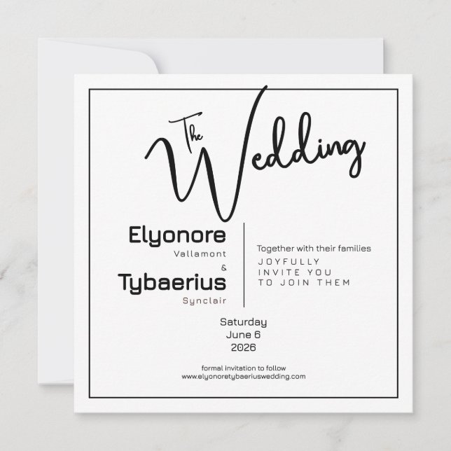 Black & White Minimal Square Wedding Invitation Kort (Framsida)