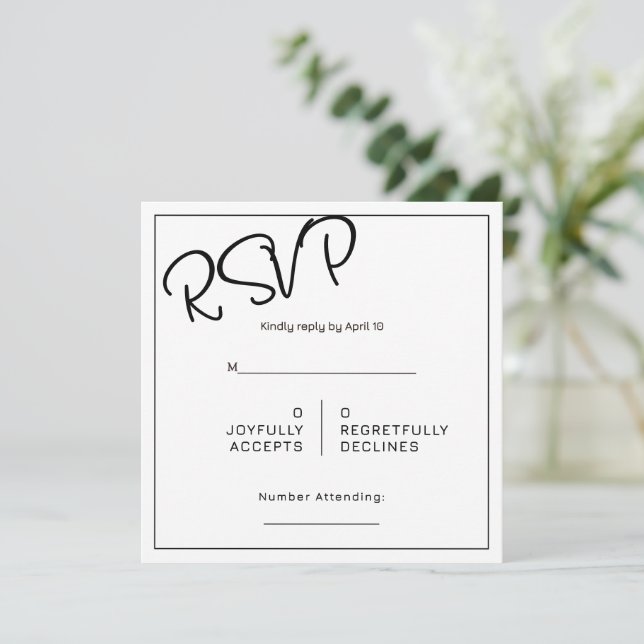 Black& White Minimal Square Wedding RSVP Kort (Stående Fram)