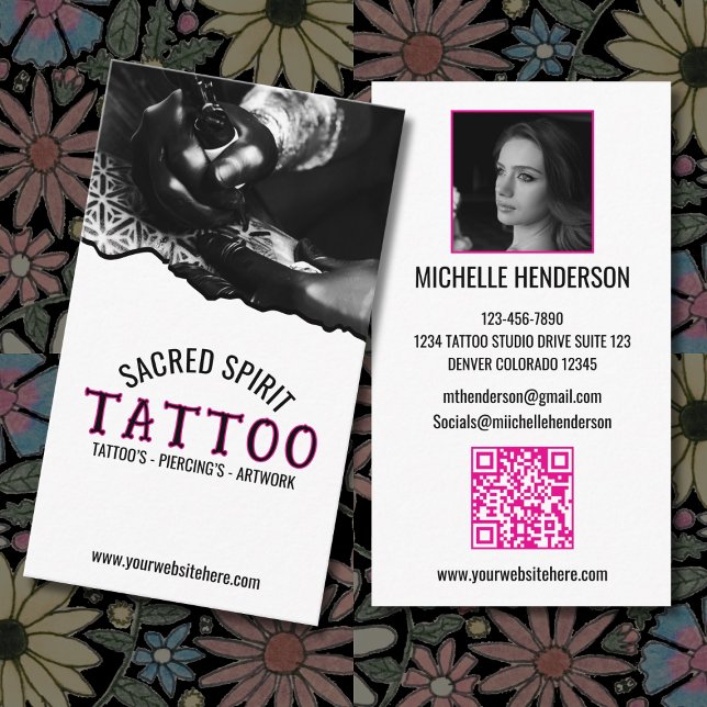 Black & White Modern 2 Photo QR Code Tattooist Visitkort (Skapare uppladdad)