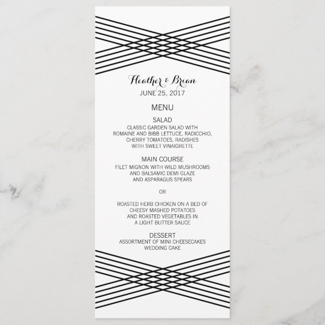 Black White Modern Deco Bröllop Menu Meny (Framsida)
