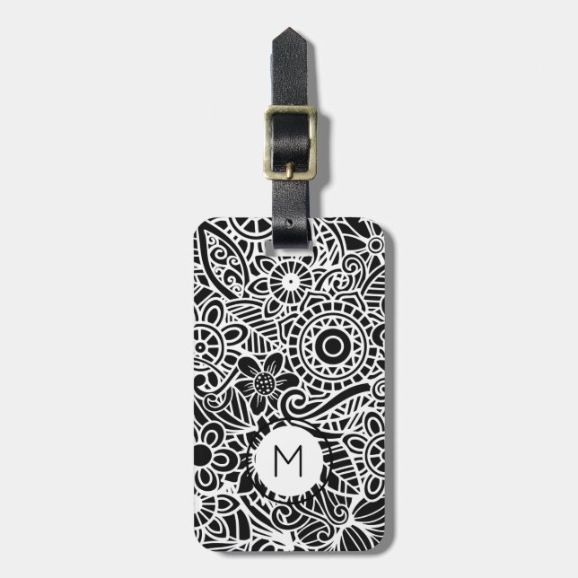 Black White Modern Floral Monogram Initial  Bagagebricka (Vertikal Framsida)