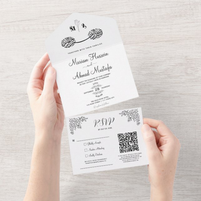 Black & White Modern Minimal Blommigt Islamic Nika (Avrivbar del)