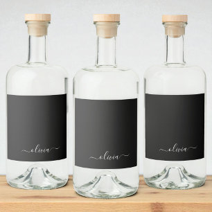Black White Modern Minimalist Elegant Monogram Spritflaskor Etikett