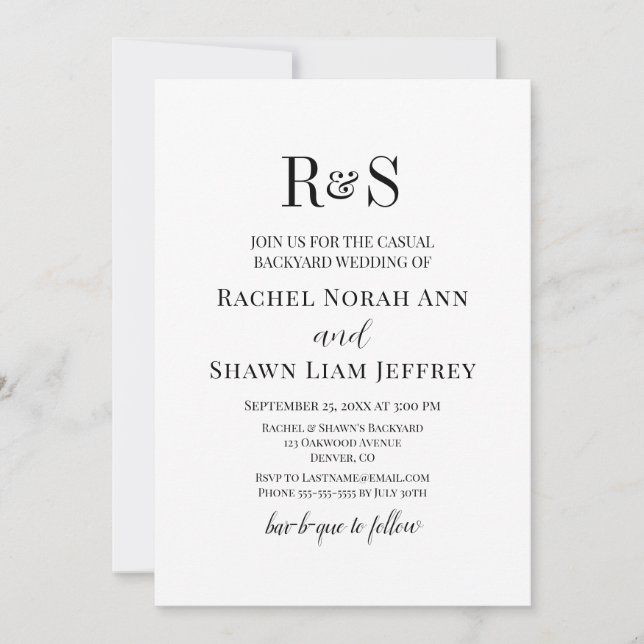 Black & White Modern Monogram Backyard Wedding Inbjudningar (Framsida)