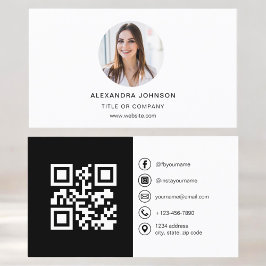 Black White Modern Photo med QR Code Social Media Visitkort