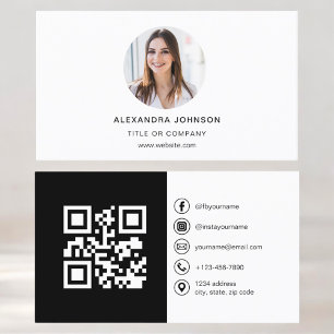 Black White Modern Photo med QR Code Social Media Visitkort