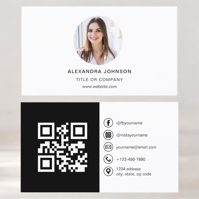 Black White Modern Photo med QR Code Social Media Visitkort (Skapare uppladdad)