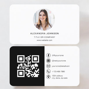Black White Modern Photo med QR Code Social Media Visitkort