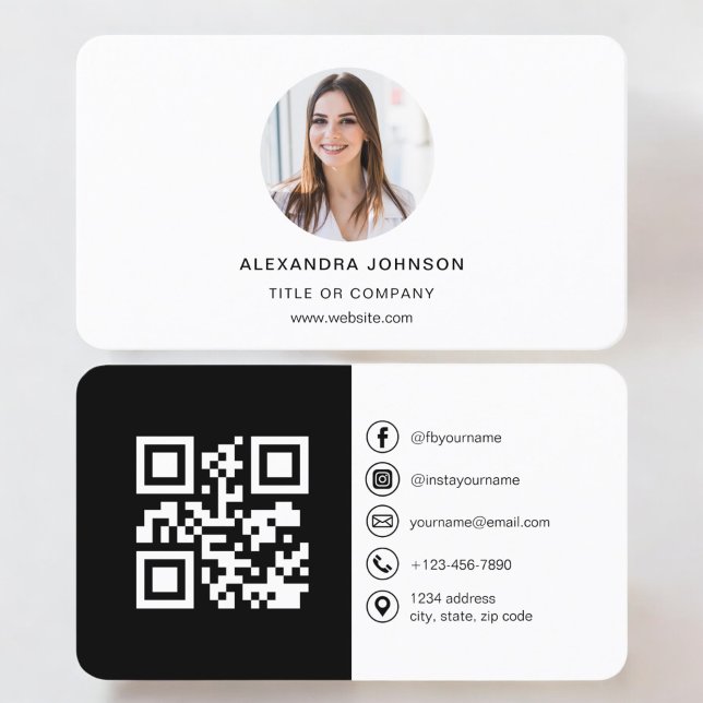 Black White Modern Photo med QR Code Social Media Visitkort (Skapare uppladdad)