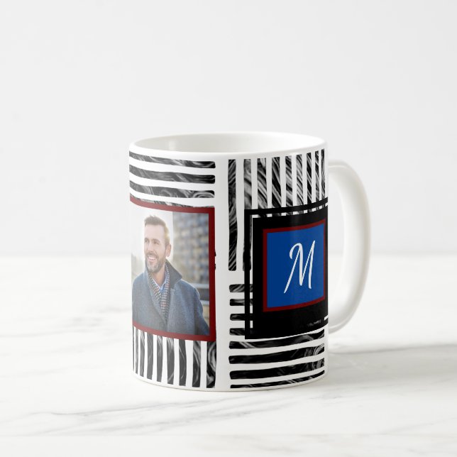 Black White Modern Rand Mönster Photo Monogram Kaffemugg (Framsida höger)