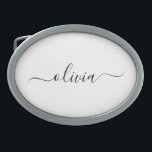 Black White Modern Script Girly Monogram Namn<br><div class="desc">Svartvit,  enkelt skript,  Monogram Namn Bälte Buckle. Detta gör perfekt studenten,  söt 16 16,  18,  21,  30,  40,  50,  60,  70,  80,  90:e,  100-årsdag,  bröllop,  möhippa,  årsdag,  babydusch eller bachelorette-gåva till någon som glam lyx och chic stilar.</div>