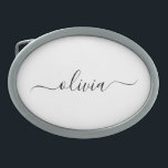 Black White Modern Script Girly Monogram Namn<br><div class="desc">Svartvit,  enkelt skript,  Monogram Namn Bälte Buckle. Detta gör perfekt studenten,  söt 16 16,  18,  21,  30,  40,  50,  60,  70,  80,  90:e,  100-årsdag,  bröllop,  möhippa,  årsdag,  babydusch eller bachelorette-gåva till någon som glam lyx och chic stilar.</div>