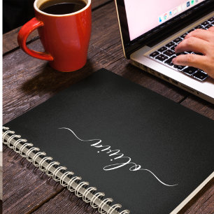 Black White Modern Script Girly Monogram Namn Anteckningsbok